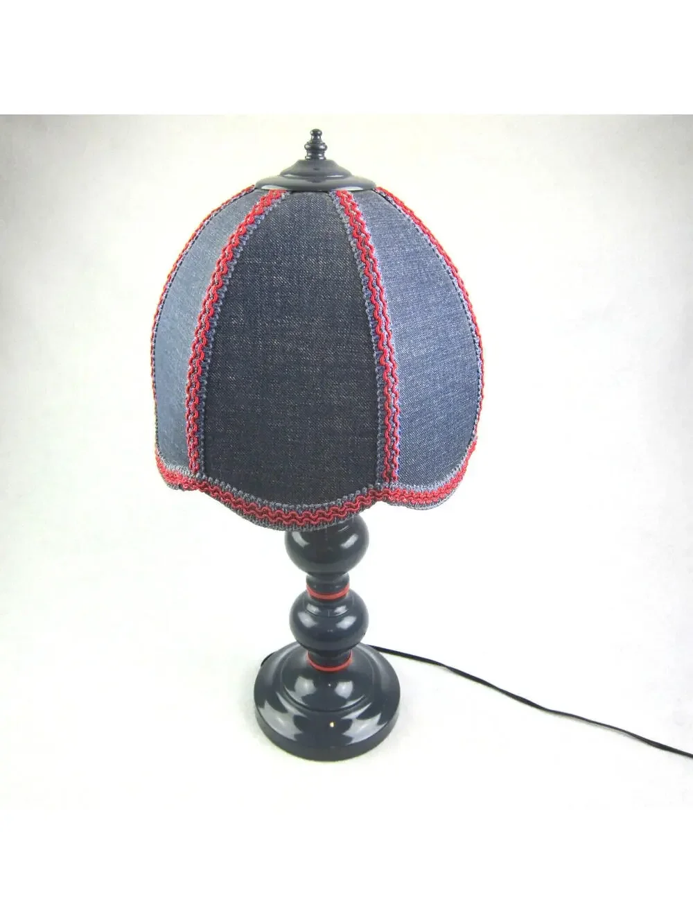 Vintage Country Table Lamp Blue & Red Denim Dome Clip On Shade Pillar WORKS